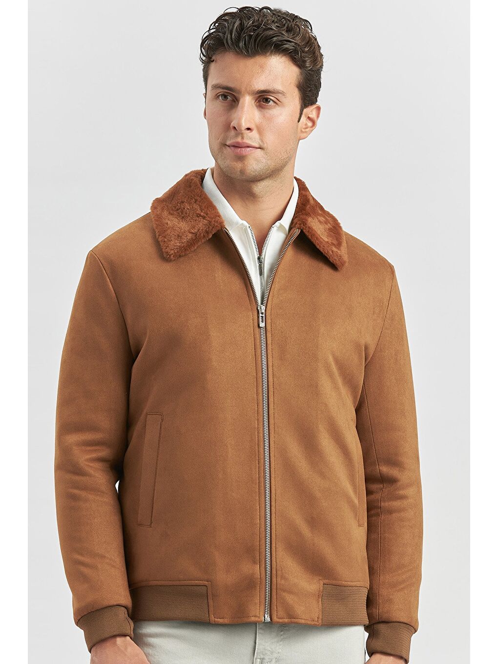 Kahverengi Tütün Dolumlu Kürklü Yaka Elastanlı Astar Slim Fit Dar Kesim Casual Mont 1007245152