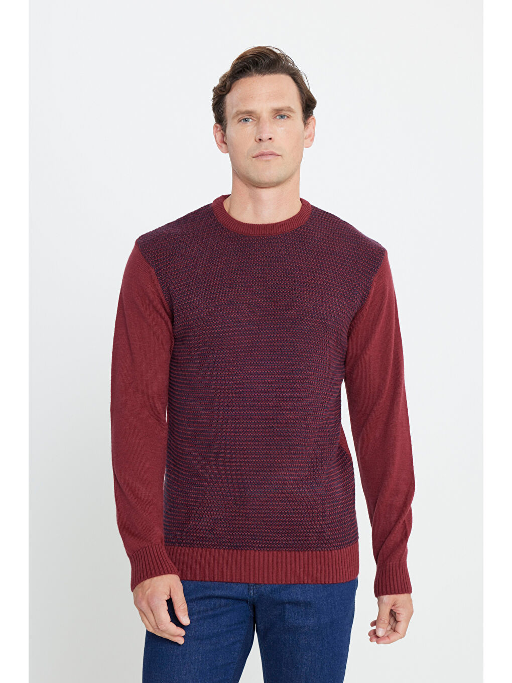 Erkek Bordo-Lacivert Standart Fit Normal Kesim Bisiklet Yaka Petek Desenli Triko