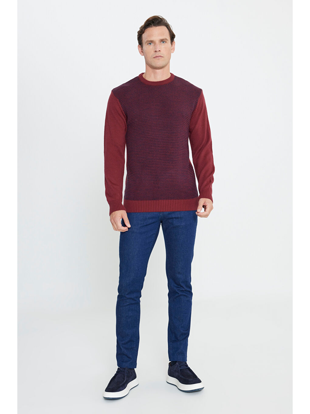 Erkek Bordo-Lacivert Standart Fit Normal Kesim Bisiklet Yaka Petek Desenli Triko-1