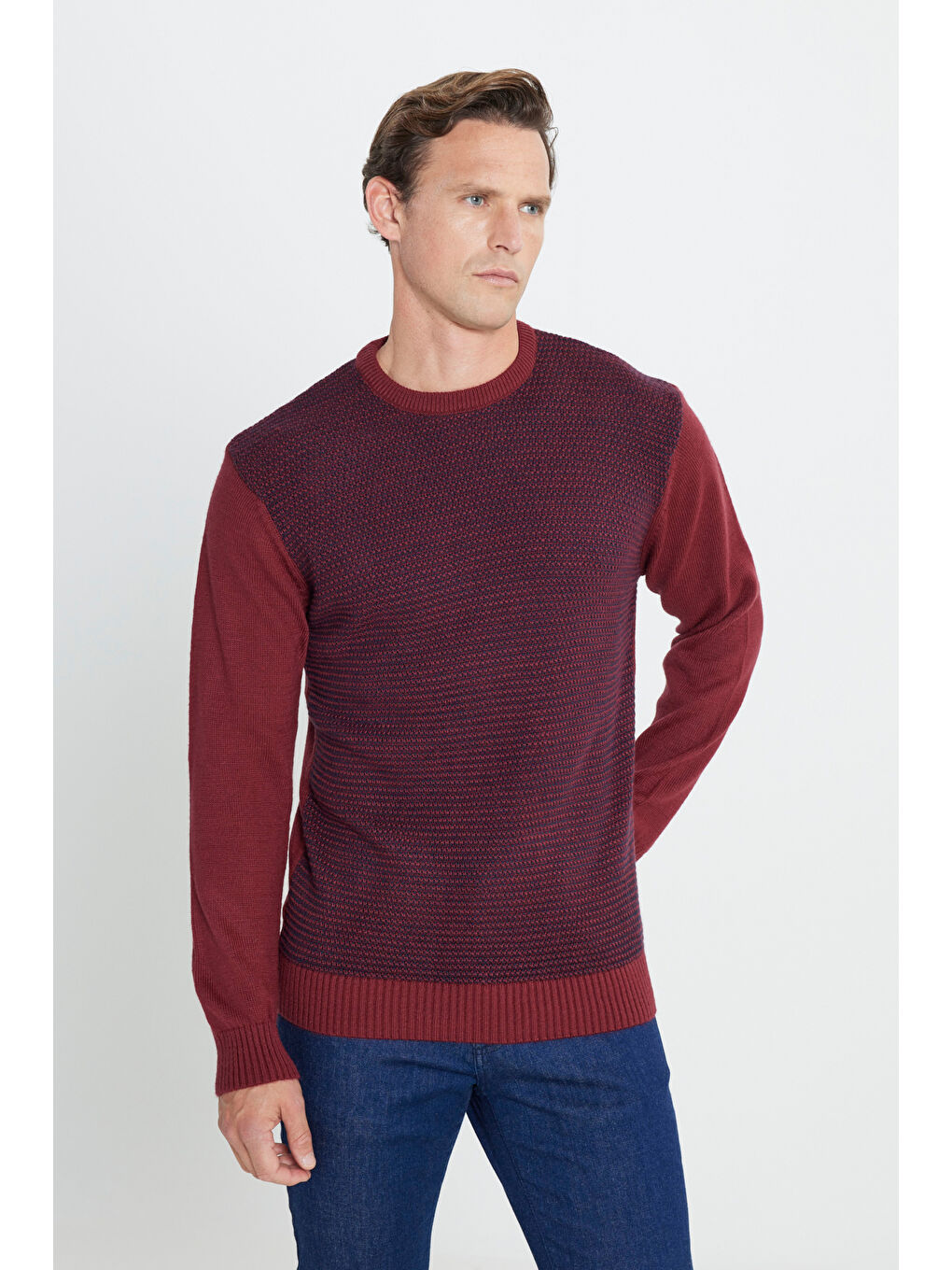 Erkek Bordo-Lacivert Standart Fit Normal Kesim Bisiklet Yaka Petek Desenli Triko-2