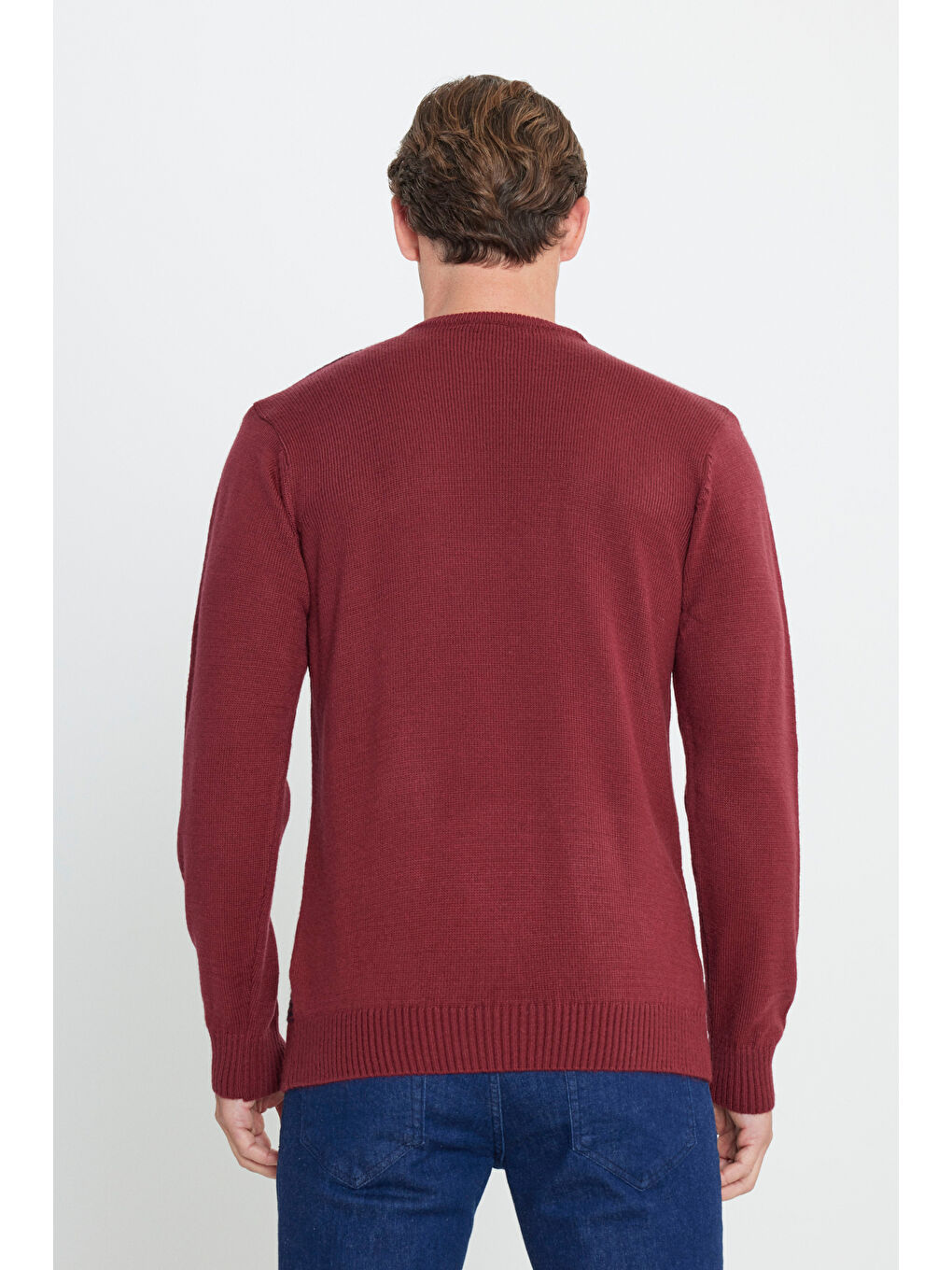 Erkek Bordo-Lacivert Standart Fit Normal Kesim Bisiklet Yaka Petek Desenli Triko-4