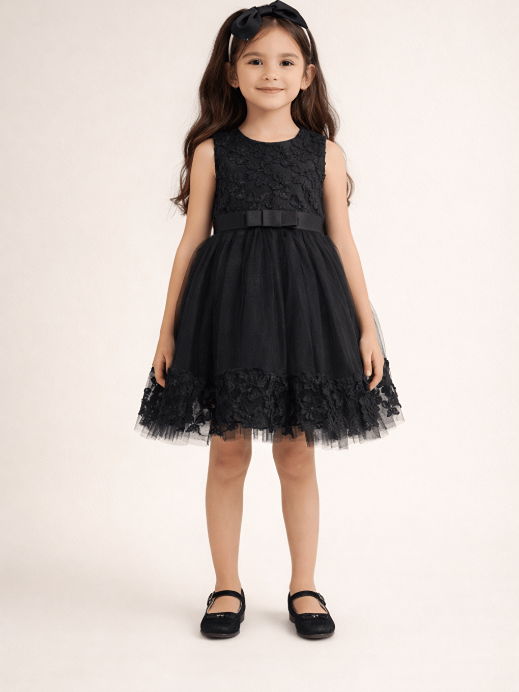 Siyah Tül Etekli Kız Çocuk Abiye Elbise ve Tacı