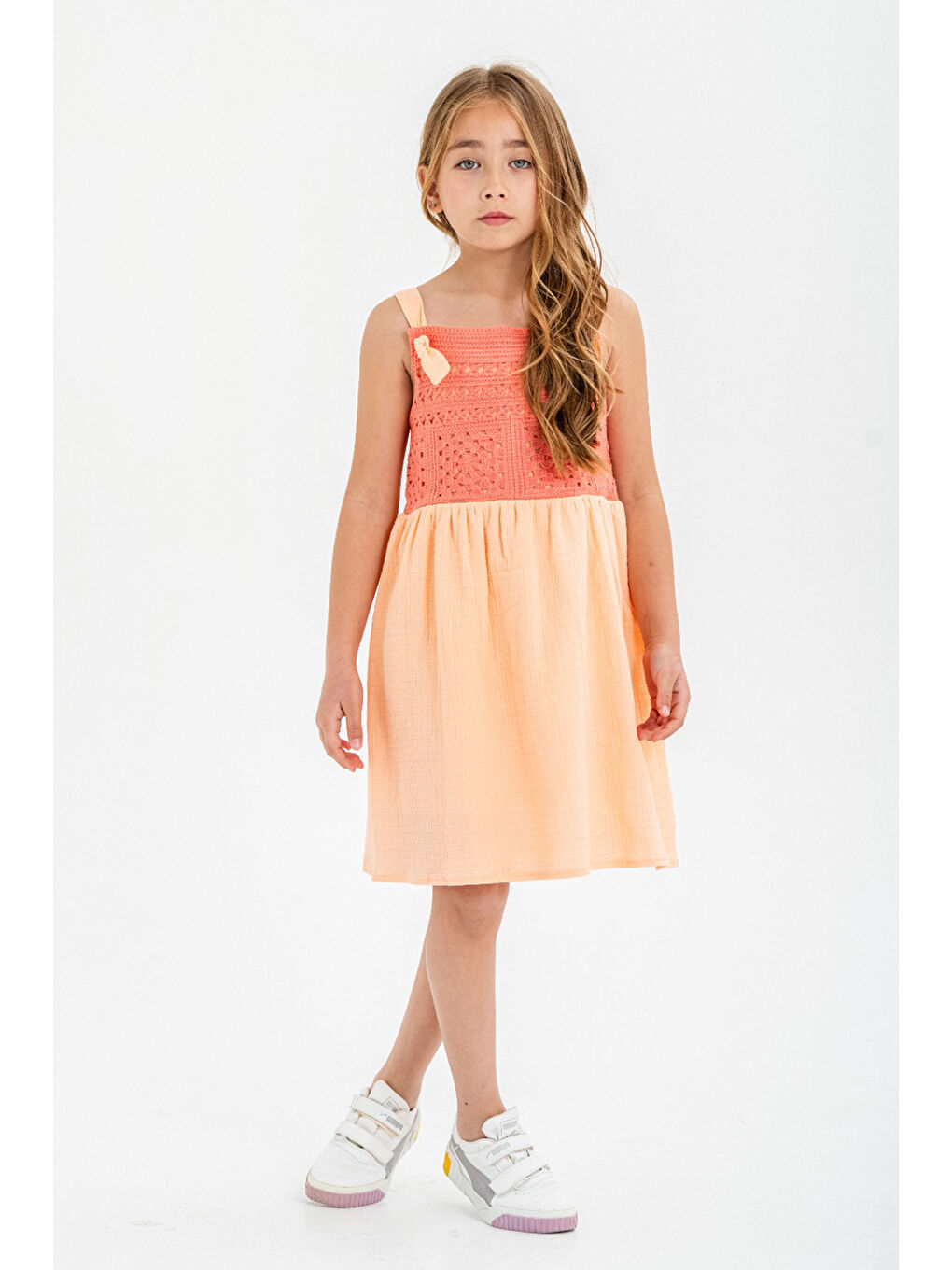 Sarı Hardal Dantel Detaylı Müslin Kız Çocuk Elbise 21085-2