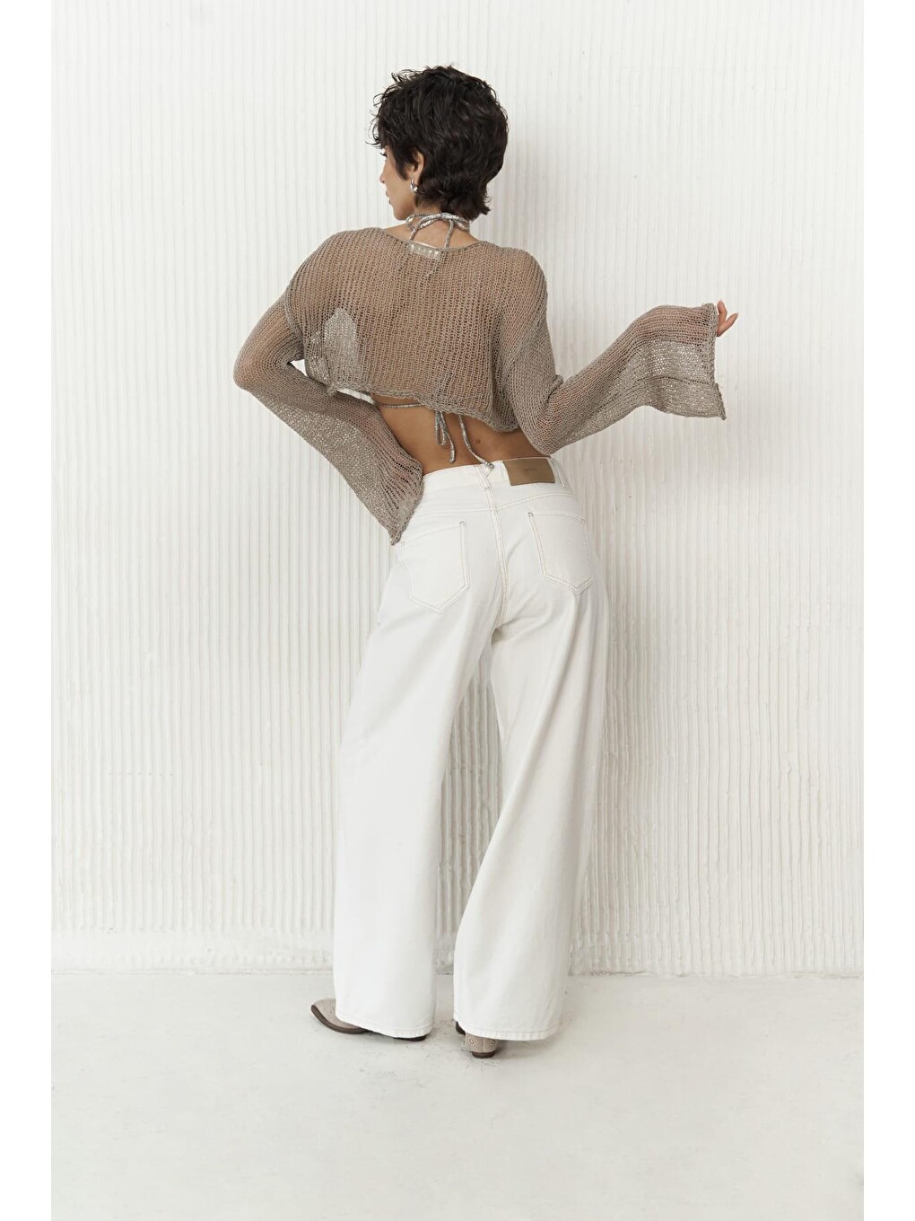 Nolan Keten Karışımlı Geniş Paça Ekru Pantolon-3