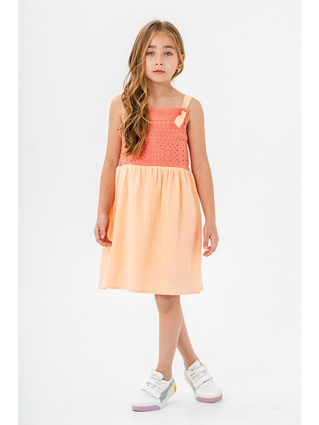 Sarı Hardal Dantel Detaylı Müslin Kız Çocuk Elbise 21085-3