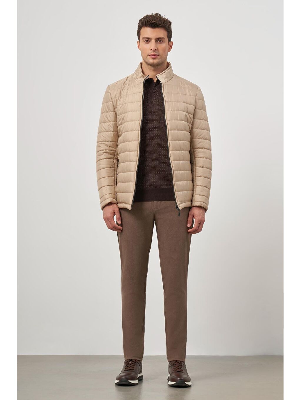 Bej Kapitone Hakim Yaka Düz Yırtmaçsız Tam Astar Slim Fit Classic Mont 1007245155-1