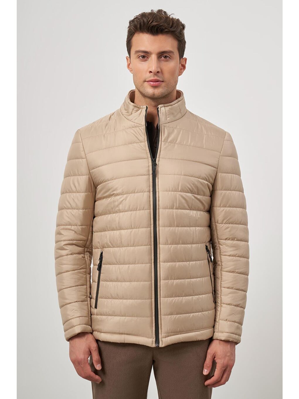 Bej Kapitone Hakim Yaka Düz Yırtmaçsız Tam Astar Slim Fit Classic Mont 1007245155-2