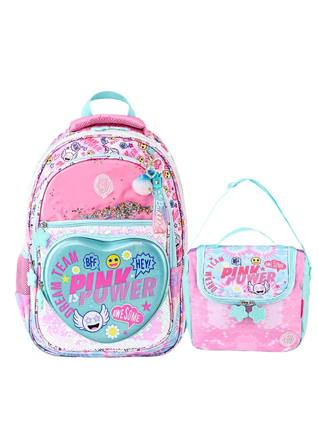 4 Bölmeli Pink Power Okul Çantası + Beslenme Çantası Pembe 2 Li Set