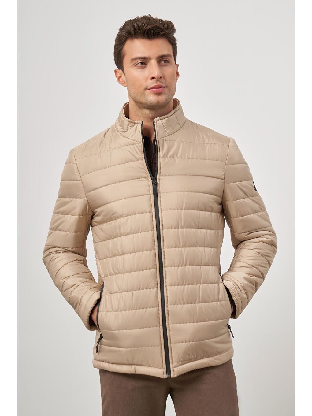 Bej Kapitone Hakim Yaka Düz Yırtmaçsız Tam Astar Slim Fit Classic Mont 1007245155-3