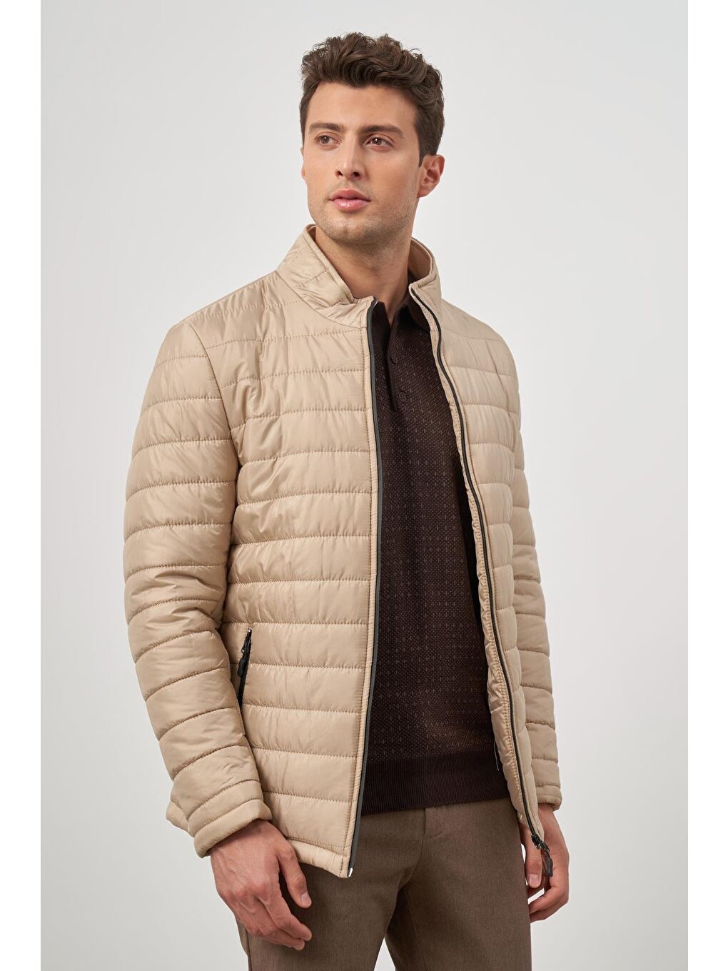 Bej Kapitone Hakim Yaka Düz Yırtmaçsız Tam Astar Slim Fit Classic Mont 1007245155-4