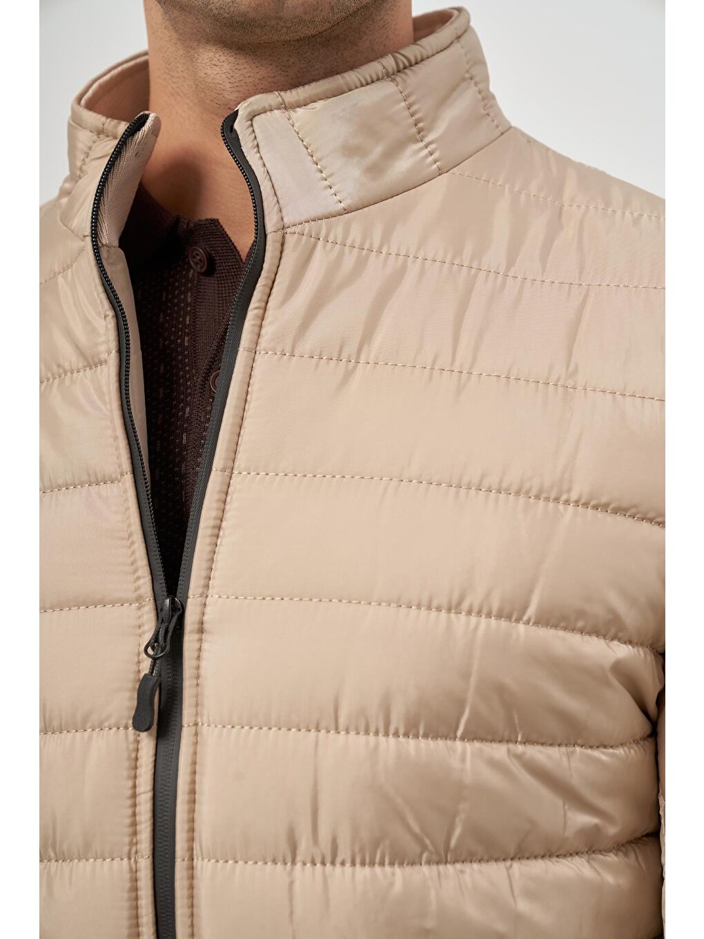 Bej Kapitone Hakim Yaka Düz Yırtmaçsız Tam Astar Slim Fit Classic Mont 1007245155-5