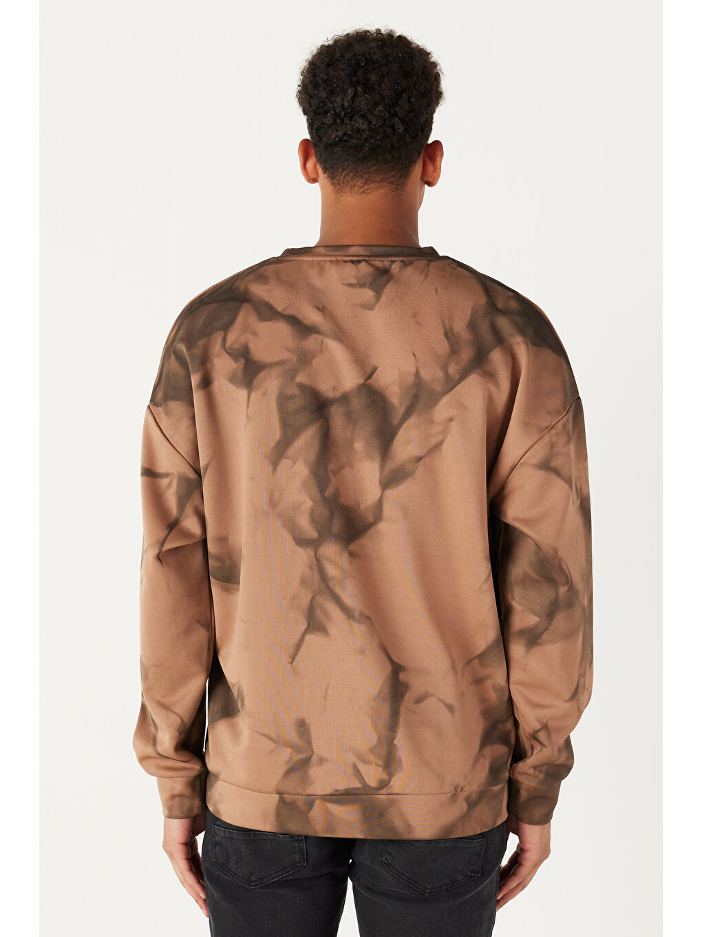 Bej Erkek Vizon Oversize Bol Kesim Bisiklet Yaka Modern Desenli Yumuşak Dokulu Sweatshirt-2