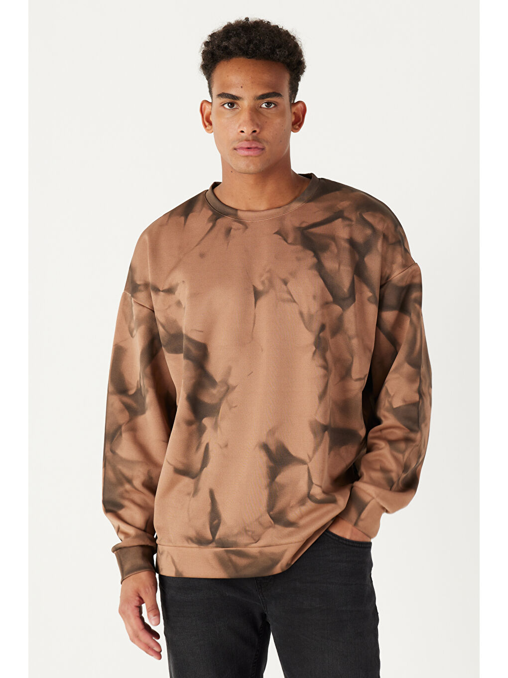 Bej Erkek Vizon Oversize Bol Kesim Bisiklet Yaka Modern Desenli Yumuşak Dokulu Sweatshirt-3