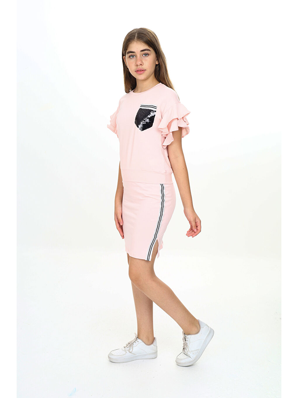 Pembe Kız Çocuk Cep Pul Nakışlı Etek Şeritli Takım-3