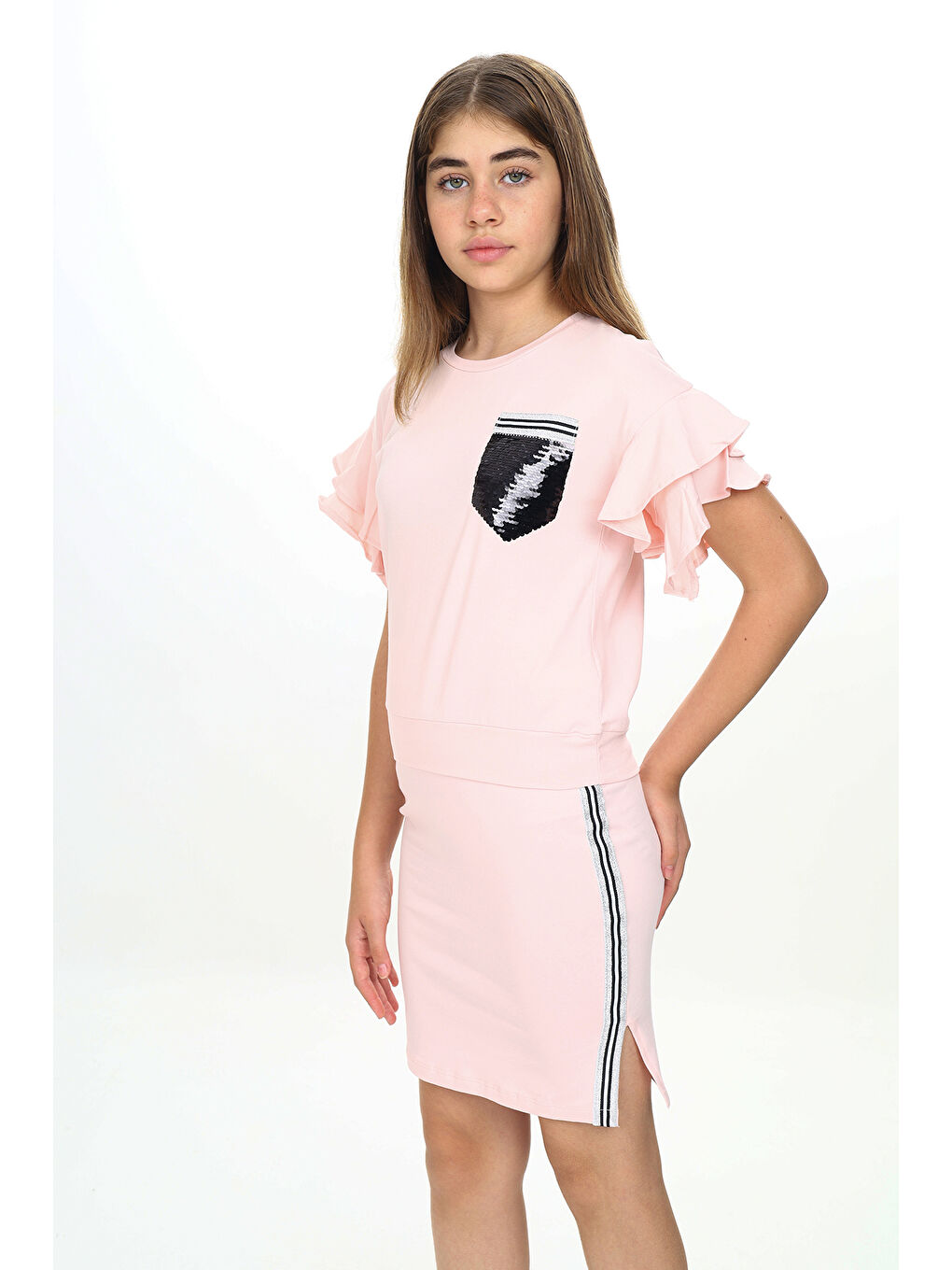 Pembe Kız Çocuk Cep Pul Nakışlı Etek Şeritli Takım-4