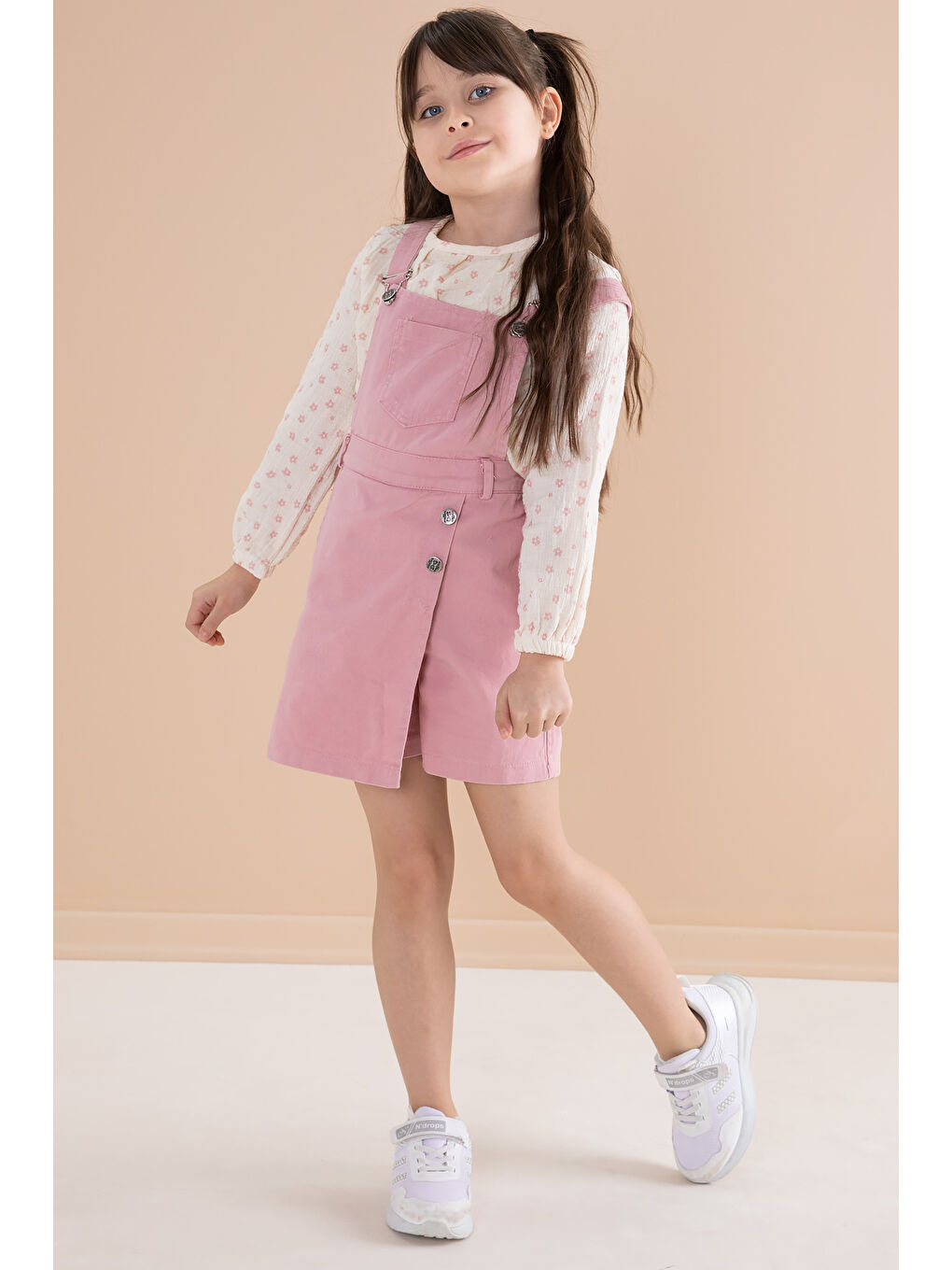 Cansın Mini Pembe Çiçek Desenli Bluzlu Kız Çocuk Salopet Elbise Takımı 20165