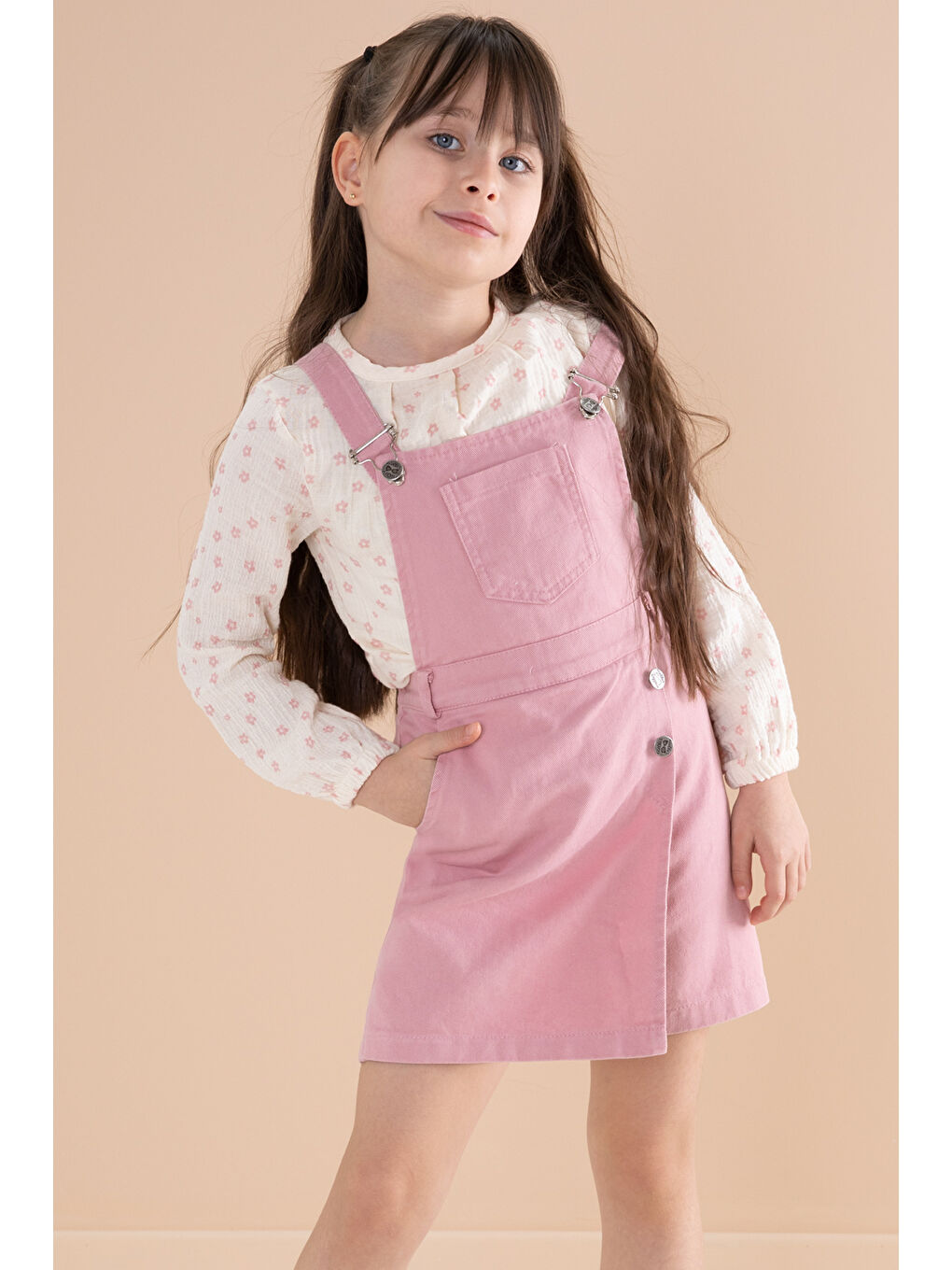 Cansın Mini Pembe Çiçek Desenli Bluzlu Kız Çocuk Salopet Elbise Takımı 20165 - 1