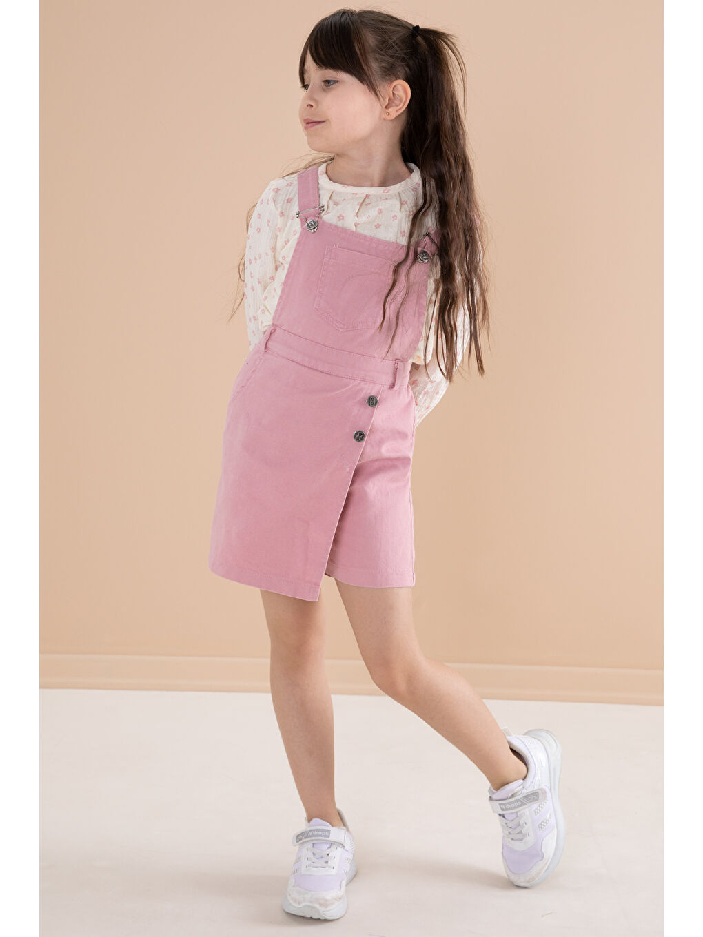 Cansın Mini Pembe Çiçek Desenli Bluzlu Kız Çocuk Salopet Elbise Takımı 20165 - 2