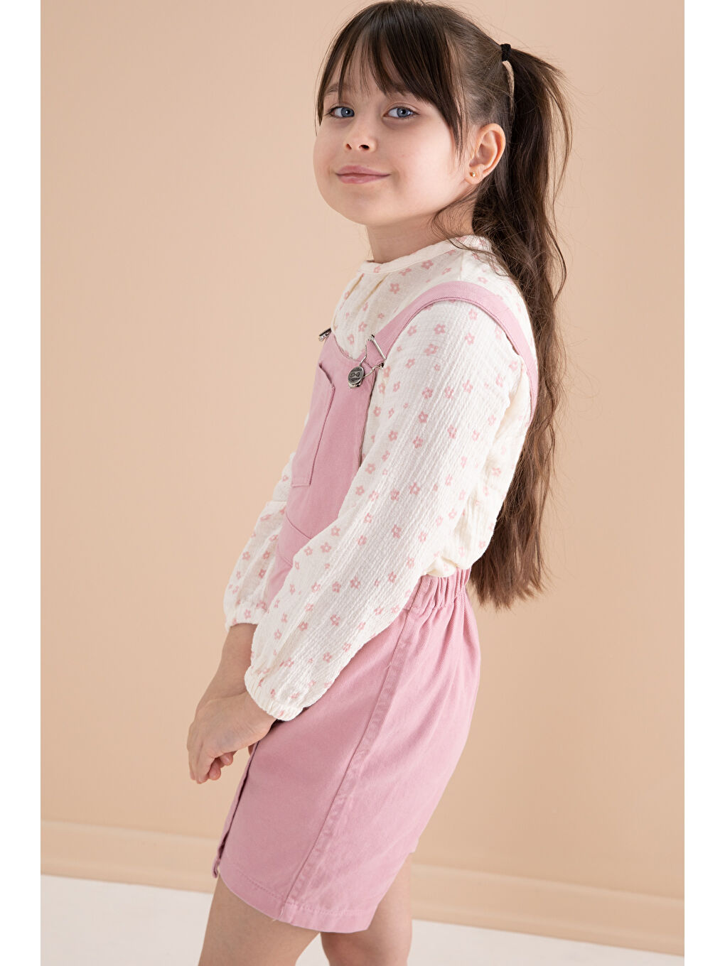 Cansın Mini Pembe Çiçek Desenli Bluzlu Kız Çocuk Salopet Elbise Takımı 20165 - 3