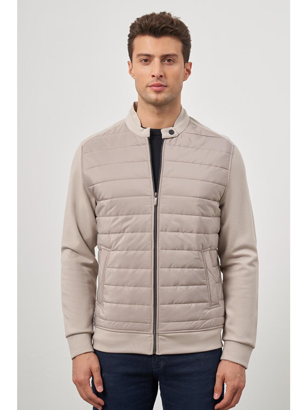 İMZA Bej Taş Rengi Kapitone Dik Yaka Astarlı Slim Fit Dar Kesim Klasik Mont 1007245154 - 2