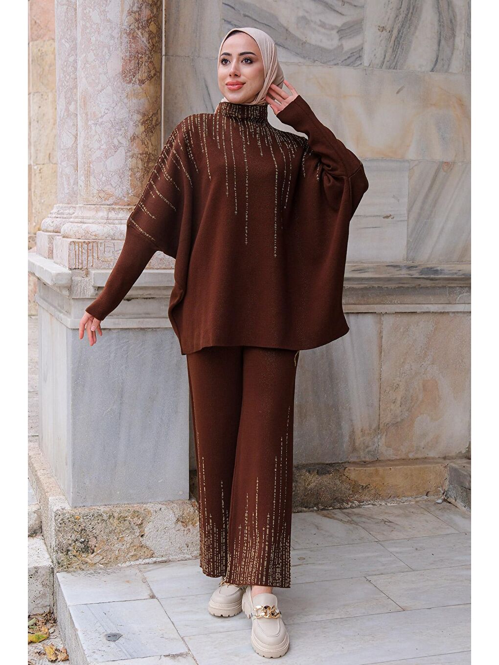 Yarasa Kol Simli İkili Triko Takım Kahverengi