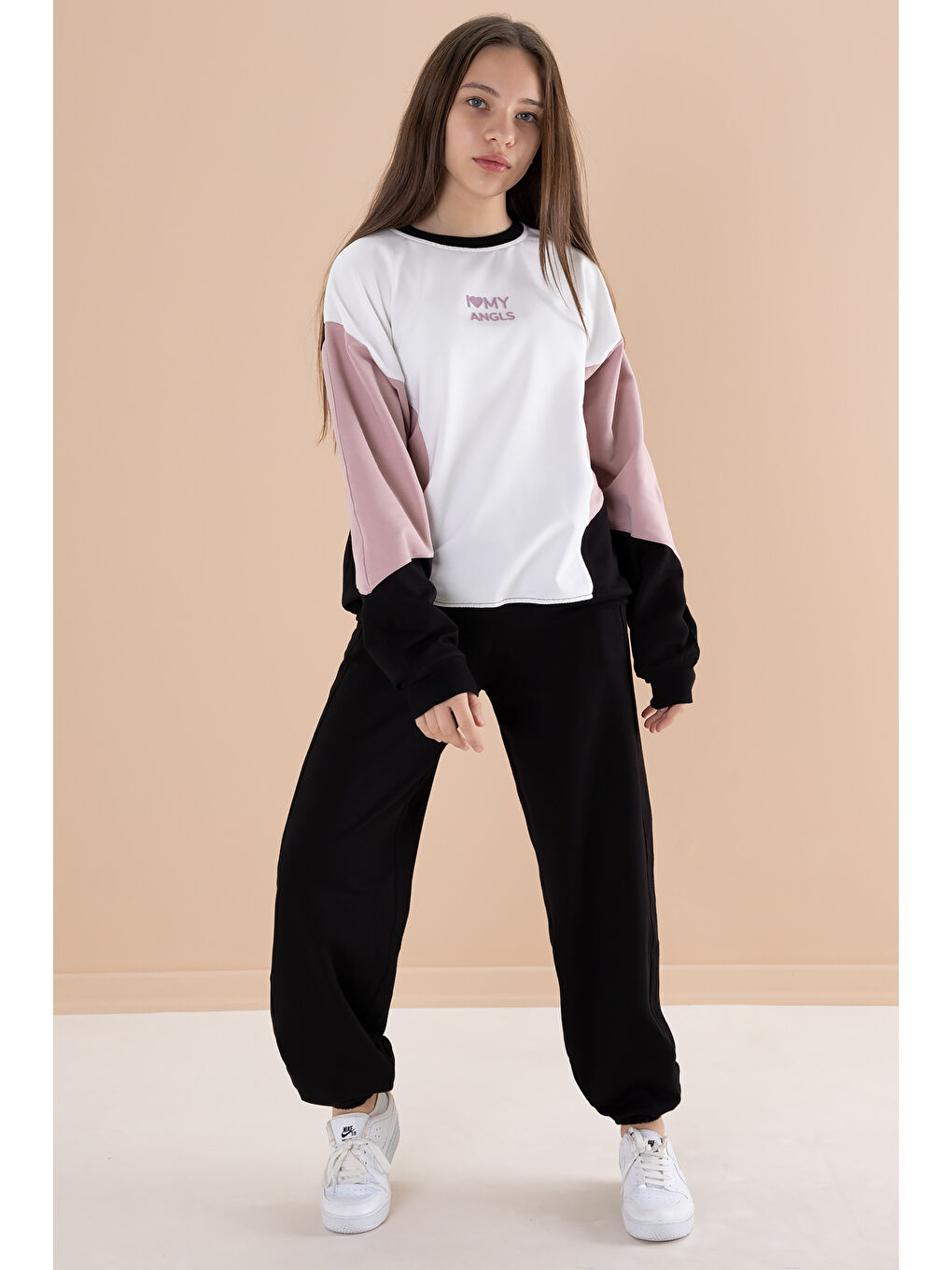 Siyah Angels Yazılı Bisiklet Yaka Kız Çocuk Eşofman Takımı 19973