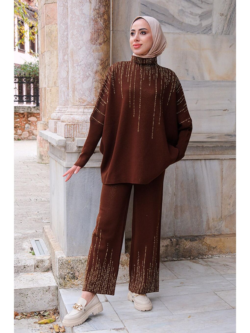 Yarasa Kol Simli İkili Triko Takım Kahverengi-1