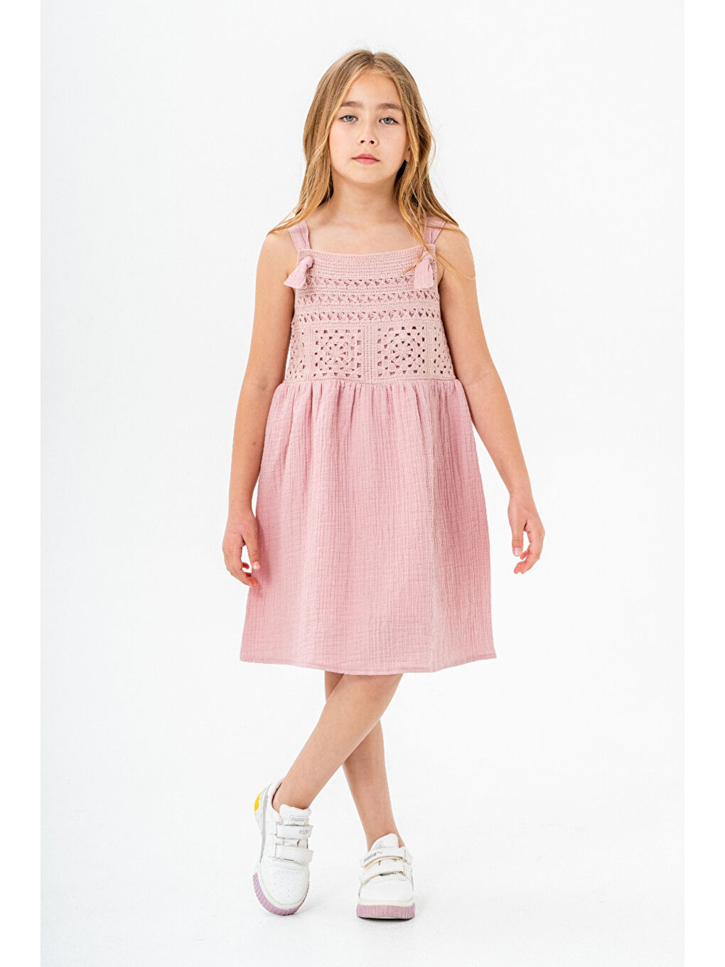 Pembe Dantel Detaylı Müslin Kız Çocuk Elbise 21084