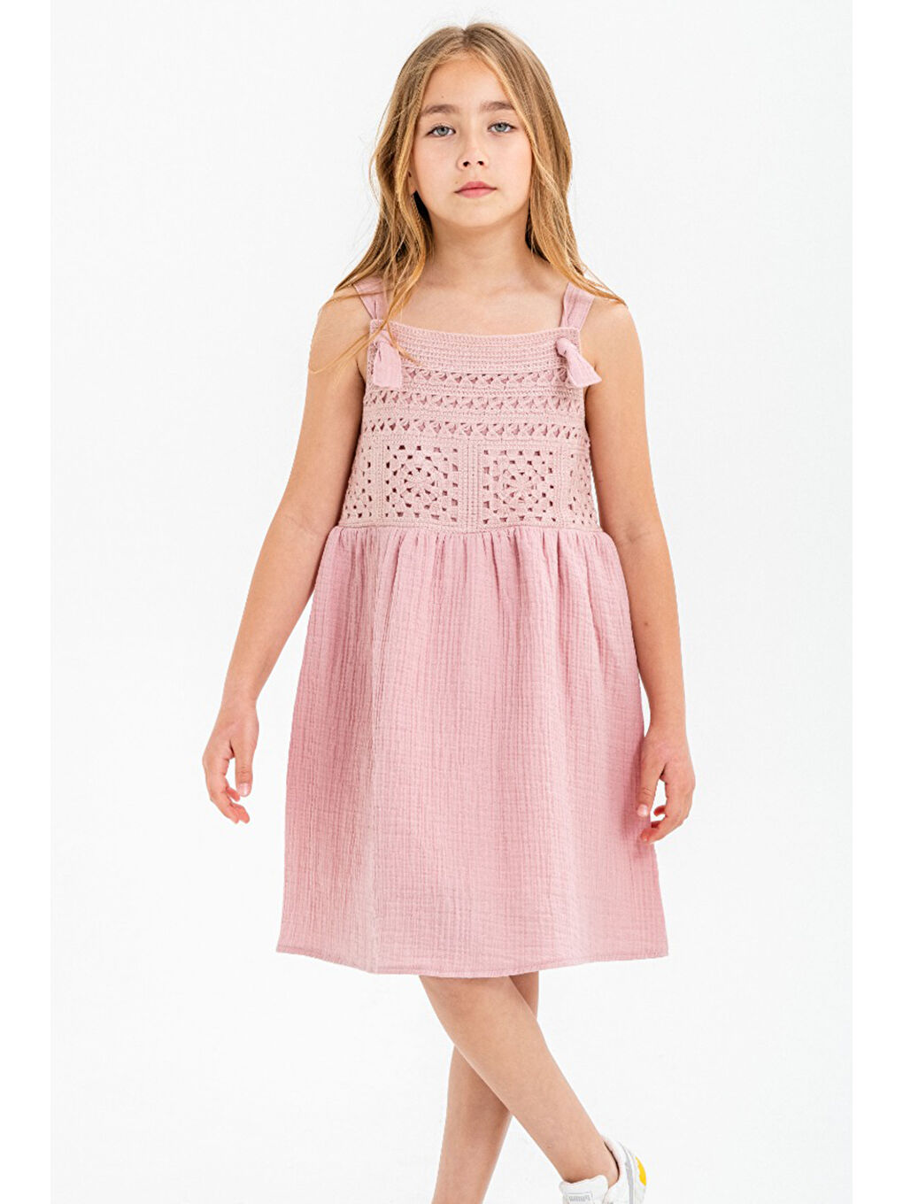 Pembe Dantel Detaylı Müslin Kız Çocuk Elbise 21084-1