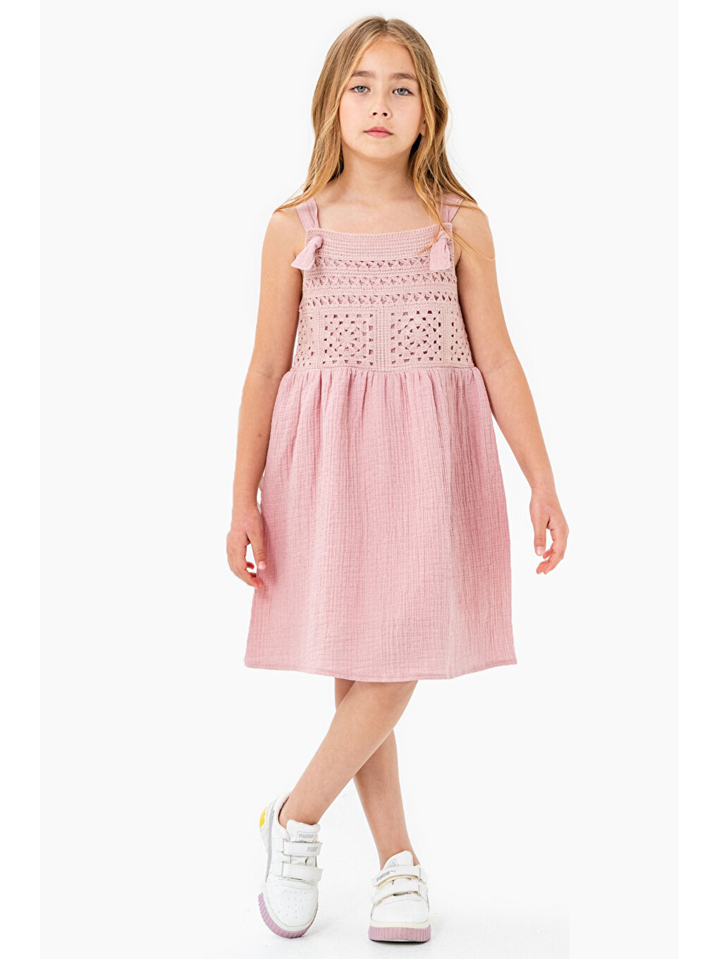 Pembe Dantel Detaylı Müslin Kız Çocuk Elbise 21084-2