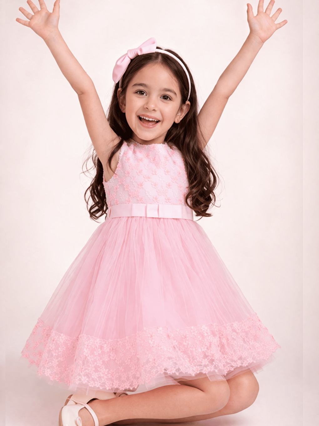 Pembe Tül Etekli Kız Çocuk Abiye Elbise ve Tacı-1