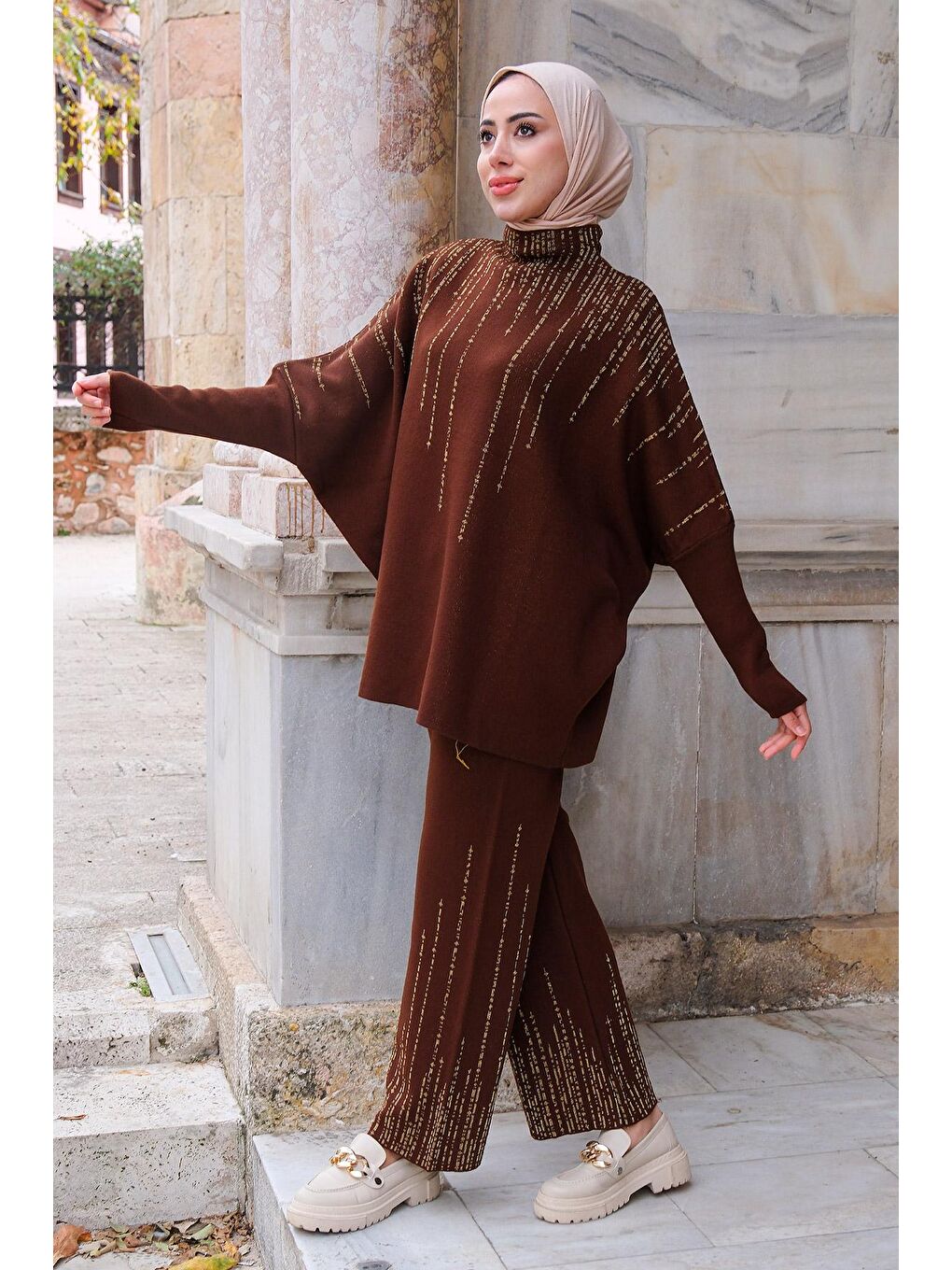 Yarasa Kol Simli İkili Triko Takım Kahverengi-2