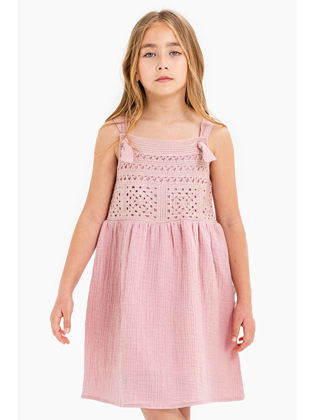 Pembe Dantel Detaylı Müslin Kız Çocuk Elbise 21084-3