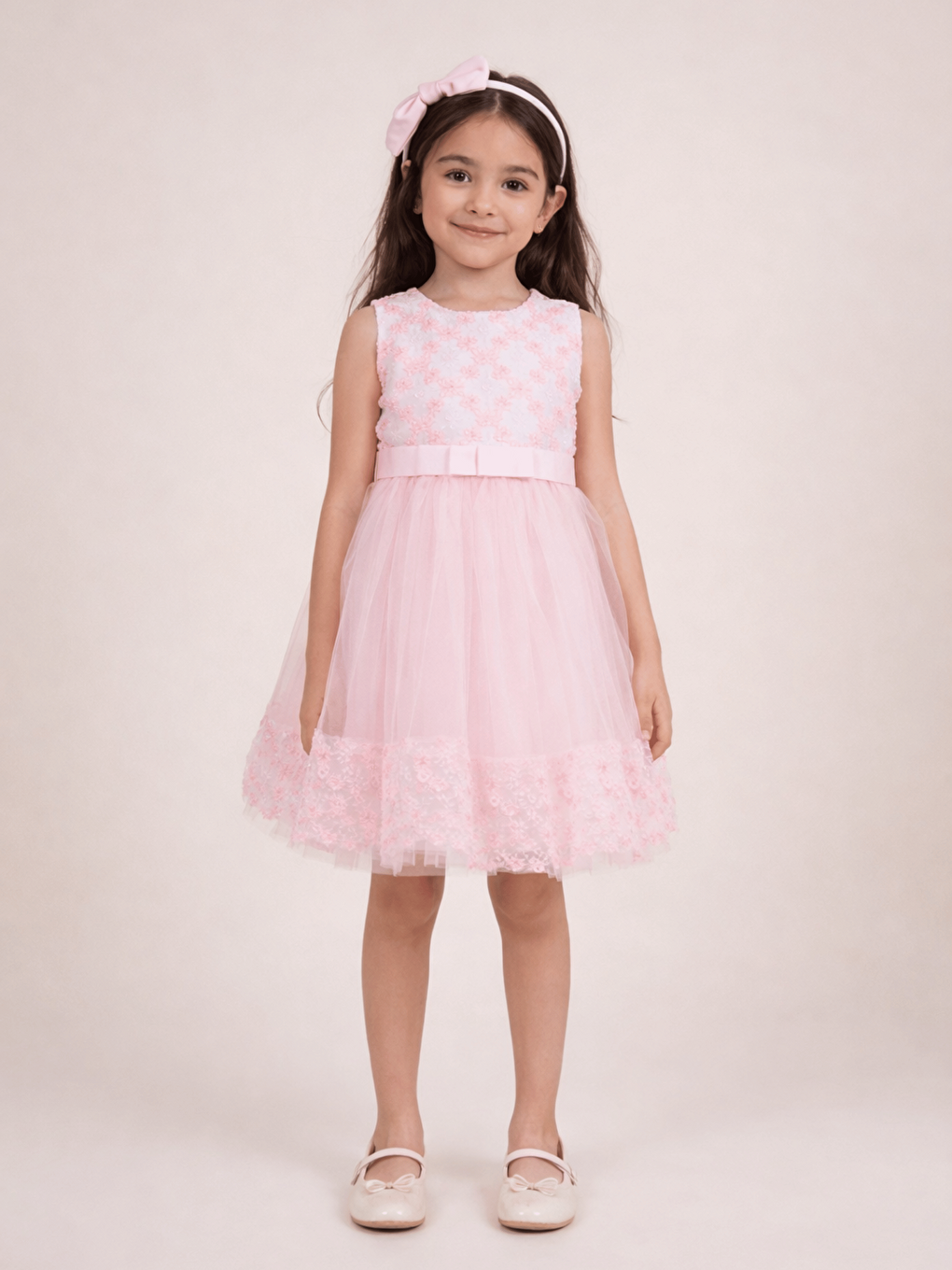 Pembe Tül Etekli Kız Çocuk Abiye Elbise ve Tacı-2