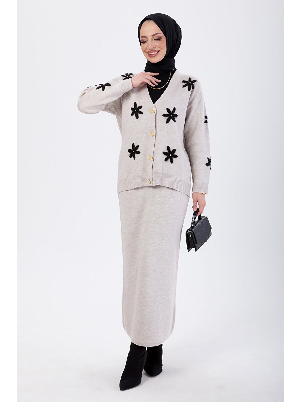 Ceket Yaka Kadın Bej Hırka+Etek Takım - 24107