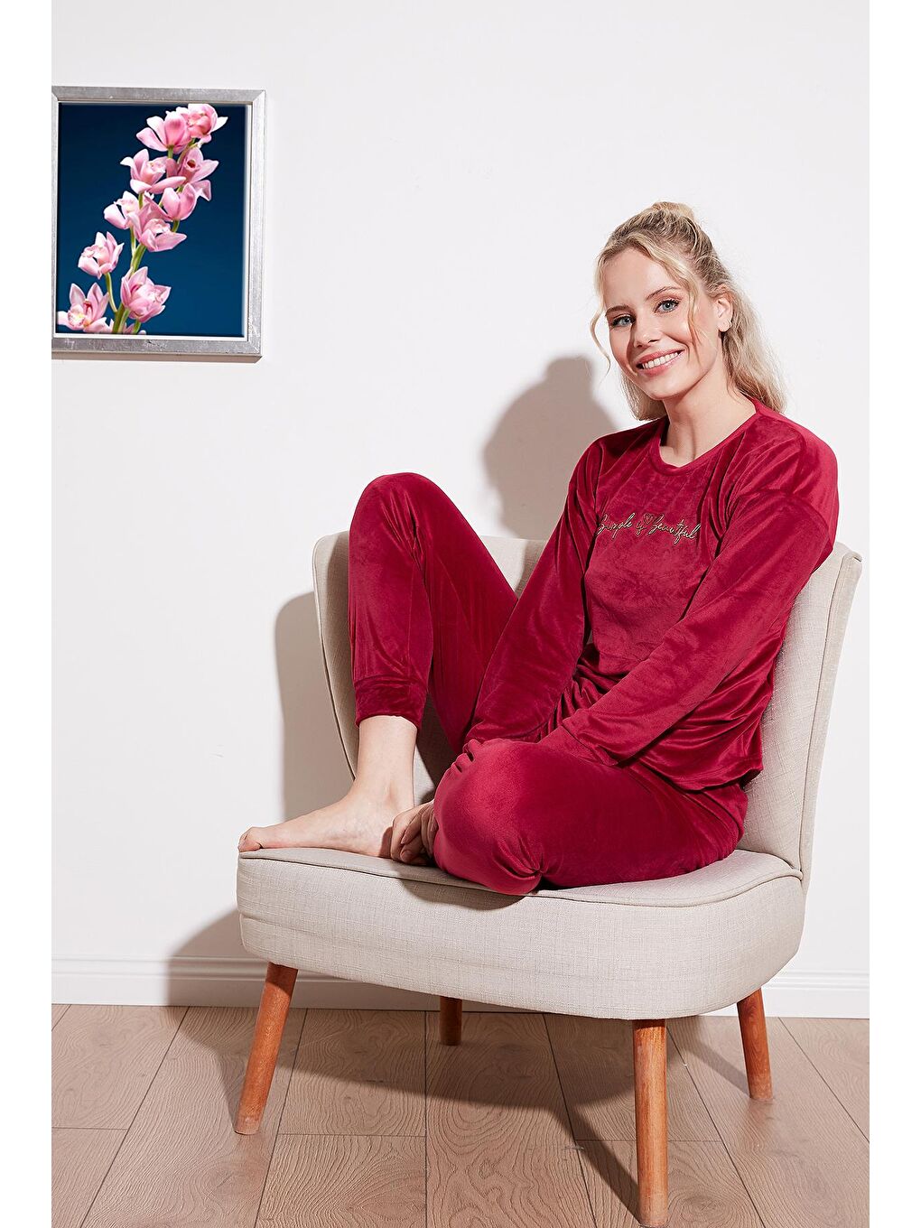 Lela Bordo Regular Fit Yumuşak Dokulu Kadife Kadın Pijama Takımı 6094200W4