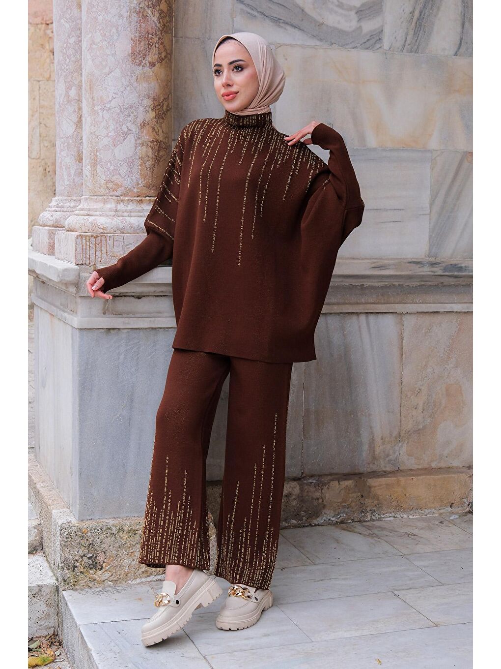 Yarasa Kol Simli İkili Triko Takım Kahverengi-3