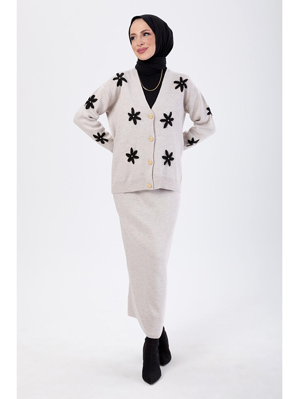 Ceket Yaka Kadın Bej Hırka+Etek Takım - 24107-1