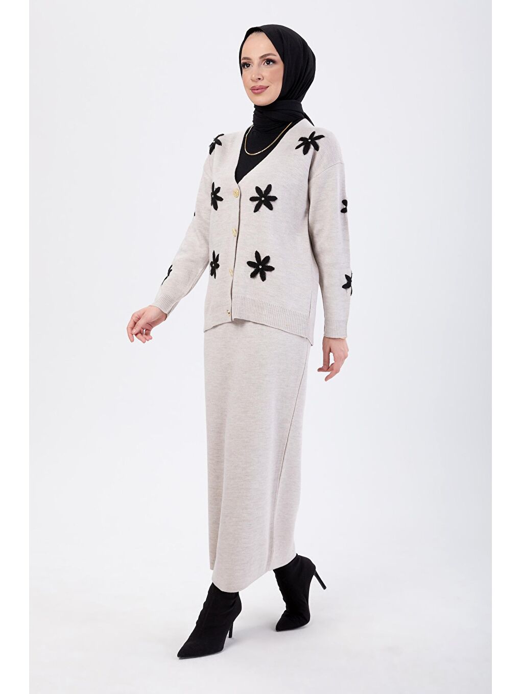 Ceket Yaka Kadın Bej Hırka+Etek Takım - 24107-2