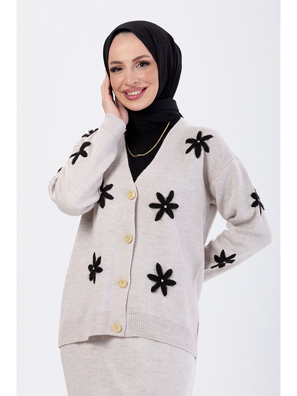 Ceket Yaka Kadın Bej Hırka+Etek Takım - 24107-3