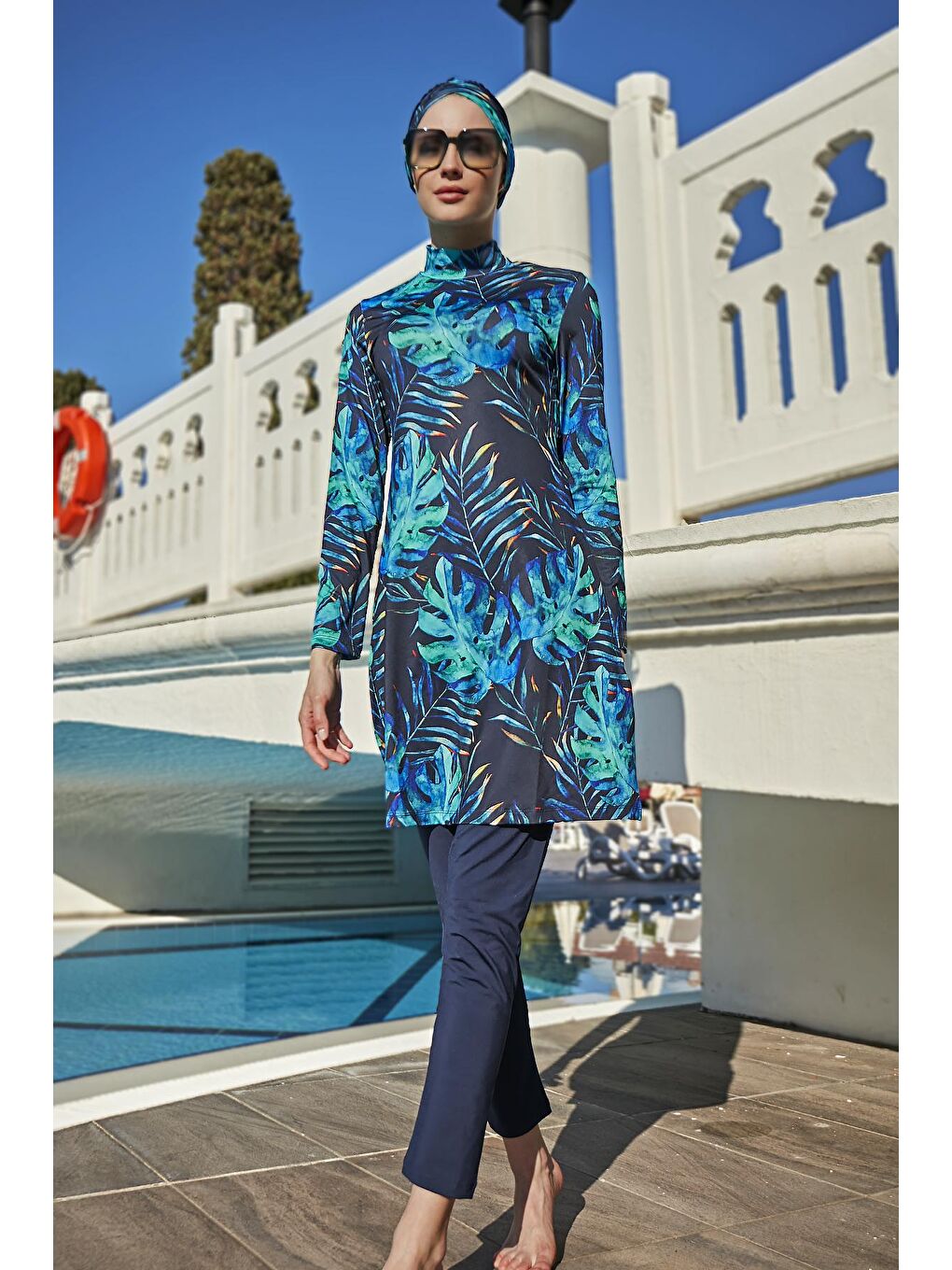 Lacivert Likralı Tam Kapalı Tesettür Mayo R056 Tropikal