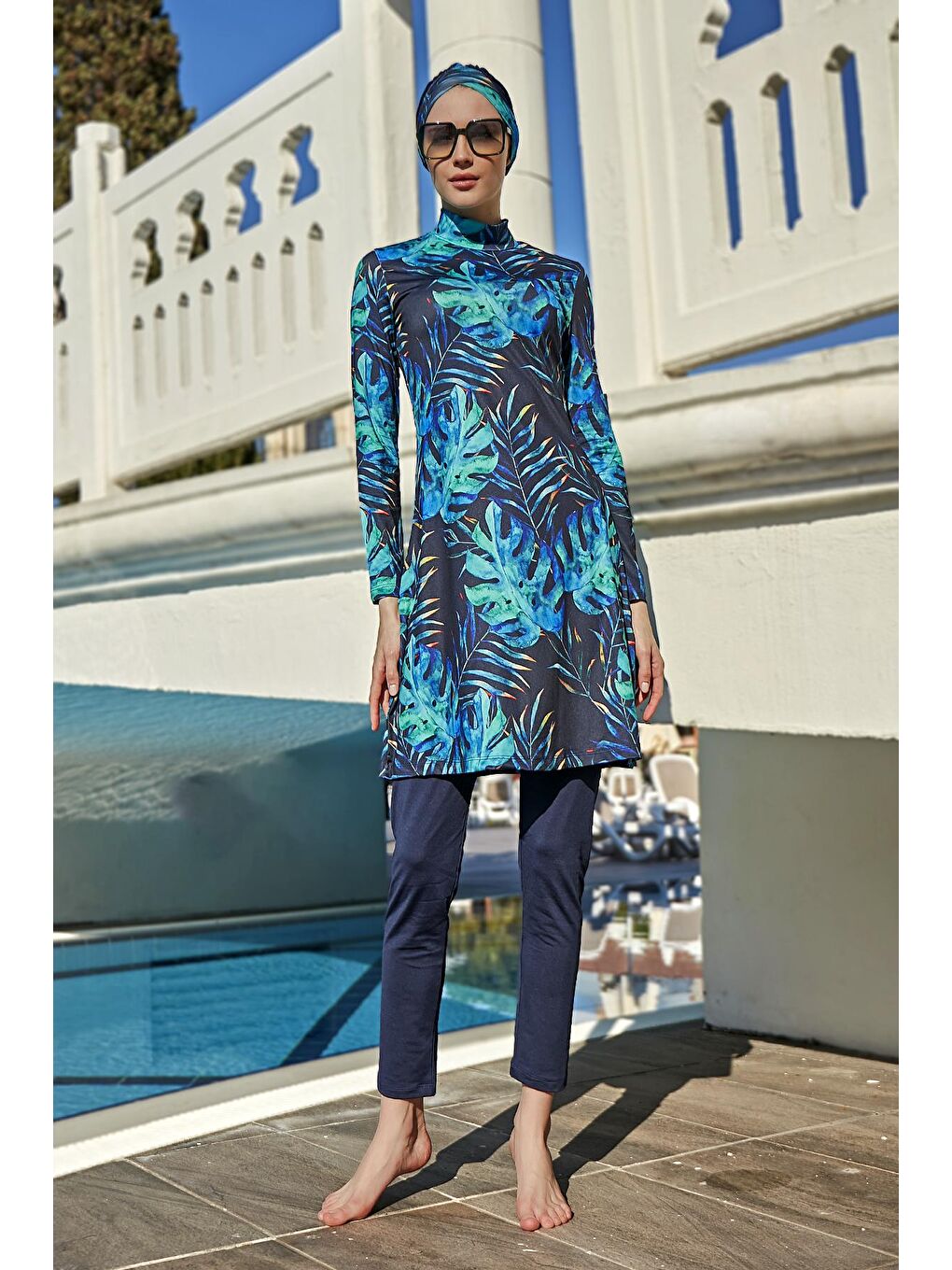 Lacivert Likralı Tam Kapalı Tesettür Mayo R056 Tropikal-1