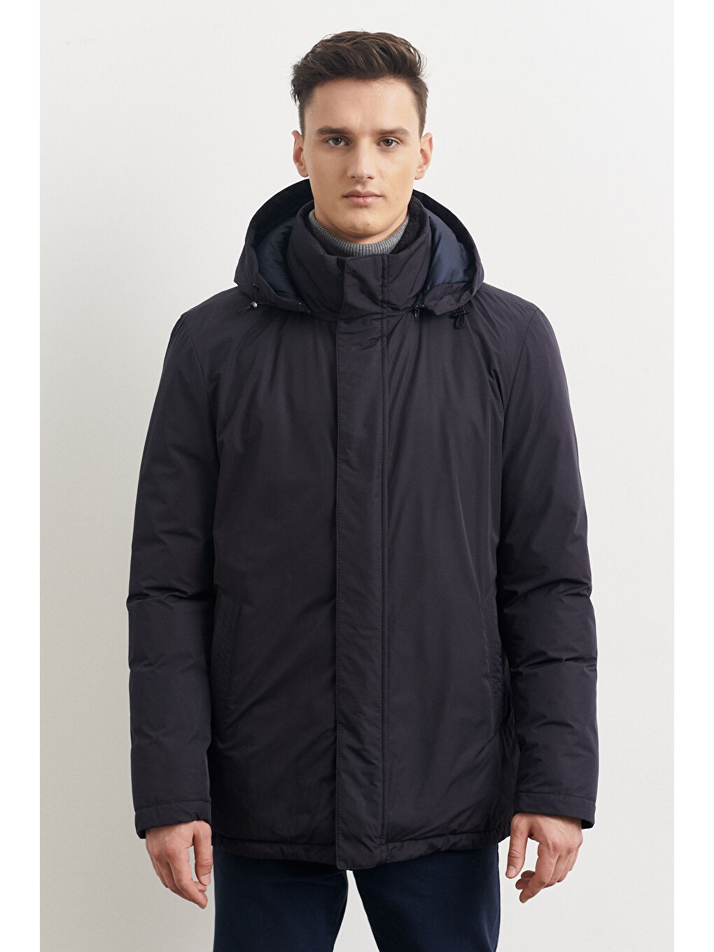 Erkek Lacivert Standart Fit Normal Kesim Yaka İçi Kürklü Kışlık Mont