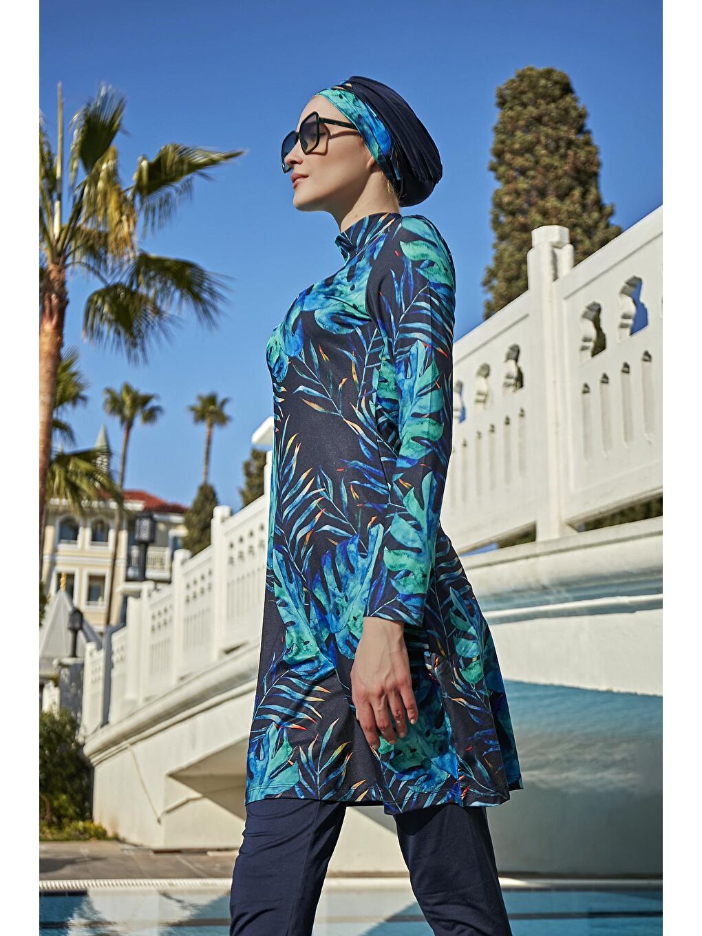 Lacivert Likralı Tam Kapalı Tesettür Mayo R056 Tropikal-2