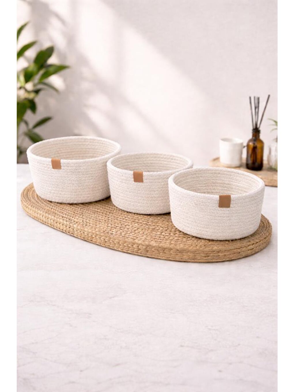 Ekru Örgü 3 Parça Sepet Krem