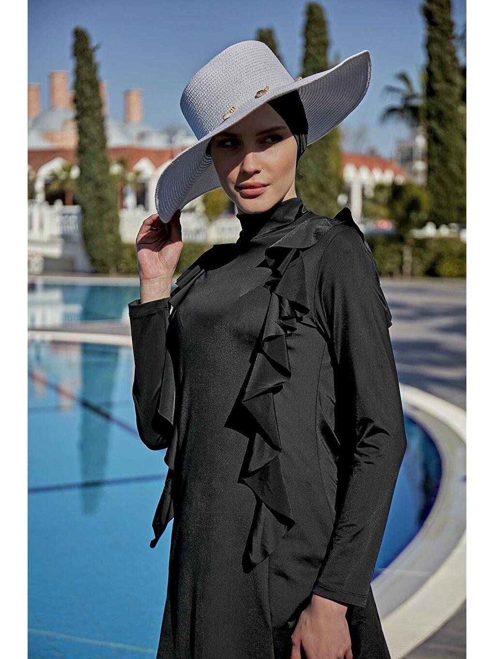 Likralı Tam Kapalı Tesettür Mayo Yanı Fırfırlı R033 Seda Siyah-1