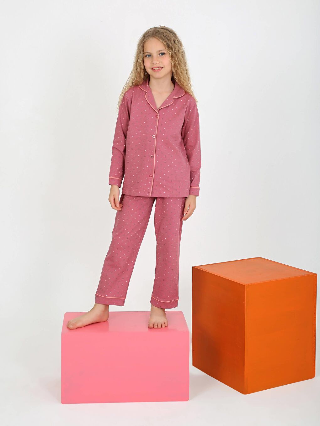 Kız Çocuk Uzun Kollu Düğmeli Pijama Takımı Mini Puanlı Mürdüm