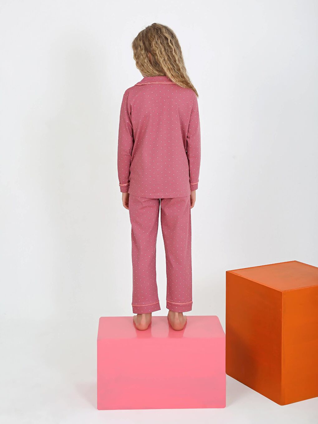 Kız Çocuk Uzun Kollu Düğmeli Pijama Takımı Mini Puanlı Mürdüm-1