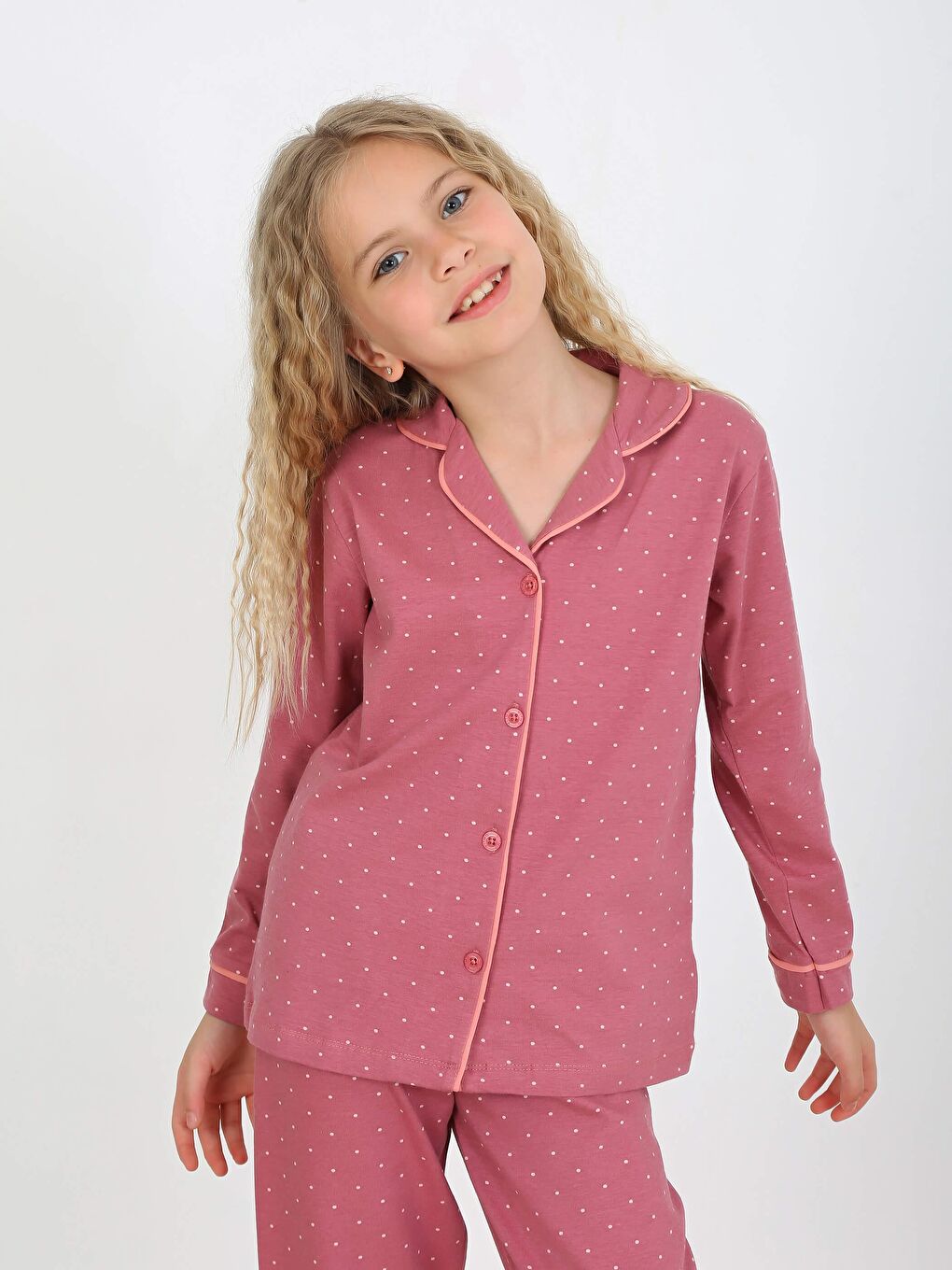 Kız Çocuk Uzun Kollu Düğmeli Pijama Takımı Mini Puanlı Mürdüm-2