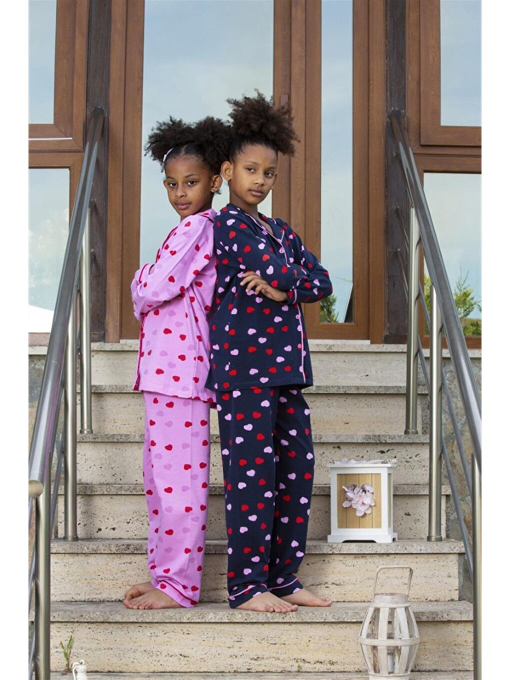 Kız Çocuk Uzun Kollu Düğmeli Pijama Takımı Kırmızı Kalpli Pembe-2